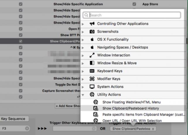 Liste der voreingestellten Aktionen in BetterTouchTool unter macOS