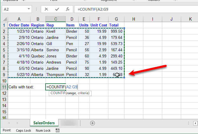 Excel-Textfunktionen - Bereich für COUNTIF-Funktion auswählen