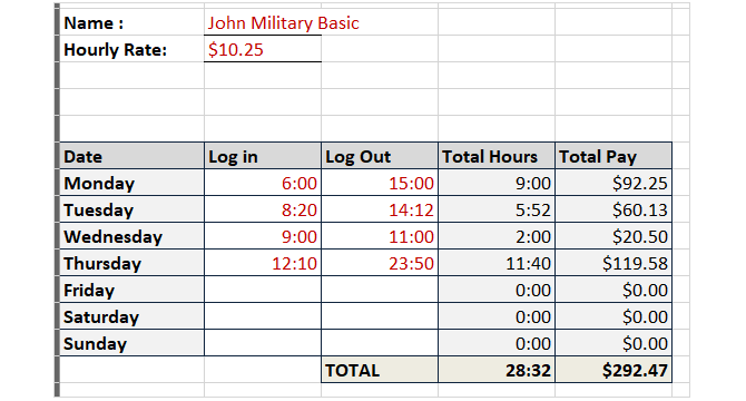 Arbeitszeittabelle Vorlage verfolgen Stunden Militärzeit keine Pausen übertreffen