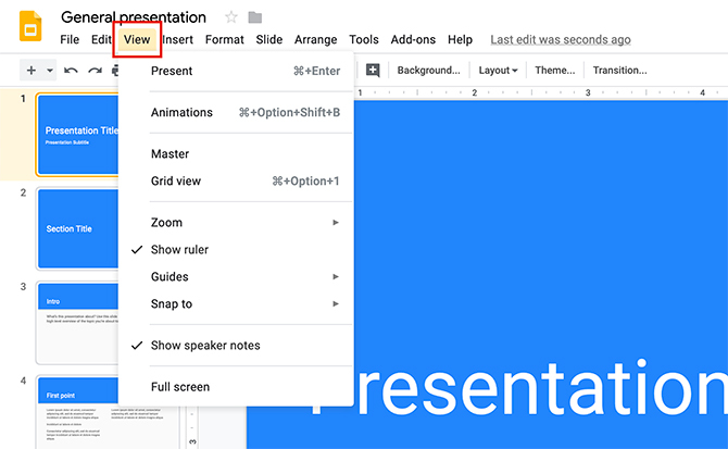 So erstellen Sie eine Präsentation Google Slides View-Menü