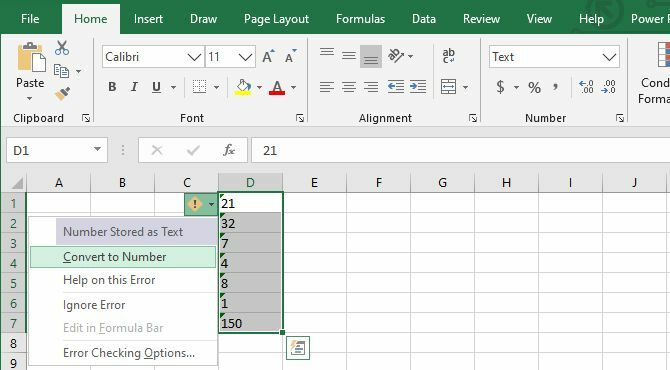 Konvertieren Sie Text mithilfe der in Excel-Zellen angezeigten Warnung in eine Zahl.