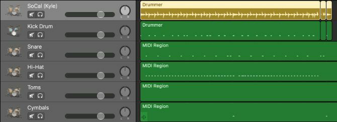 Die Schlagzeugregion wurde zu separaten MIDI-Drums