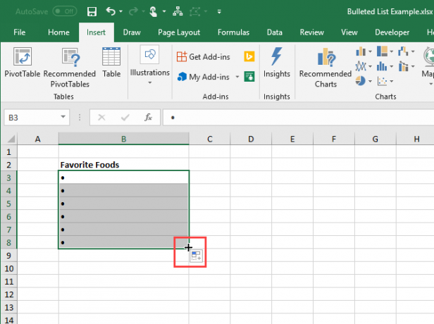 Verwenden Sie AutoFill in Excel, um Aufzählungszeichen zu kopieren und einzufügen