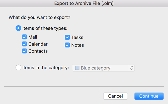 Wählen Sie Elemente aus, die in Outlook exportiert werden sollen