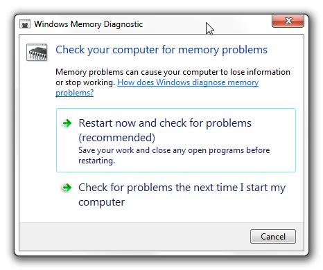 Windows-Speicherdiagnoseoptionen