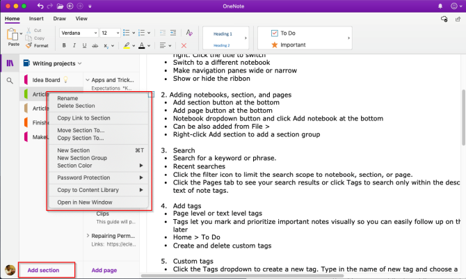 Abschnitt zu OneNote Mac hinzufügen