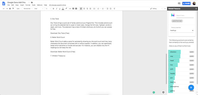 Google Docs Writefull Thesaurus Add-On