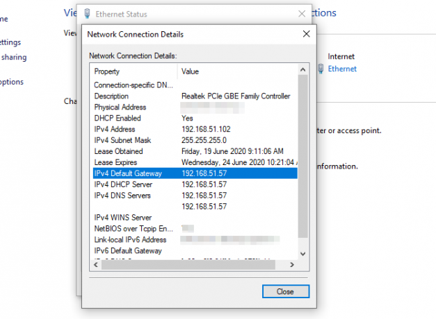 Netzwerkverbindungsdetails Router IP-Adressfenster