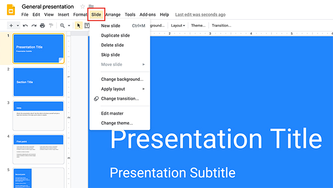 So erstellen Sie eine Präsentation Google Slides Slide-Menü