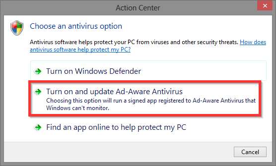 10 Windows Action Center - Wählen Sie die Antivirenoption