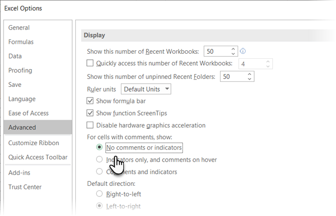 Kommentare und Indikatoren in Excel ausblenden