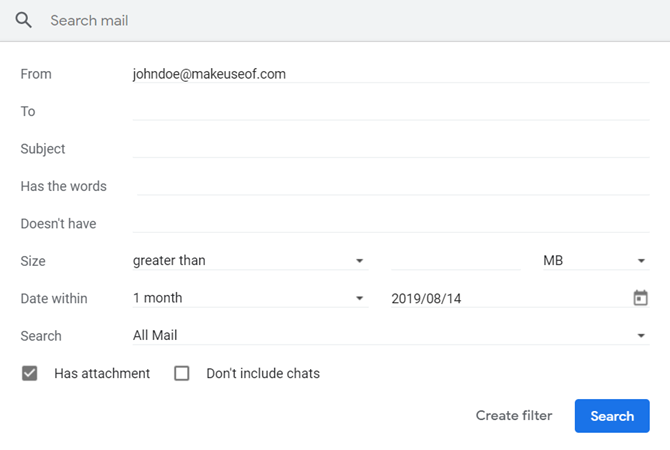 Erweitertes Suchfeld in Google Mail